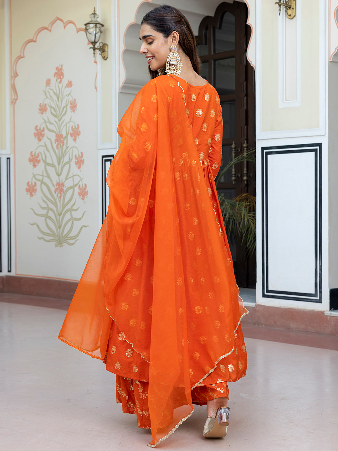 Janasya Women's Orange Brocade Woven Design Festive Angrakha Kurta Set | Swadesiicart