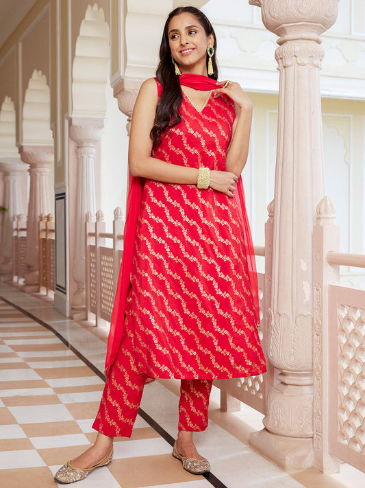 Janasya Women's Red Brocade Woven Design Festive Straight Kurta Set | Swadesiicart