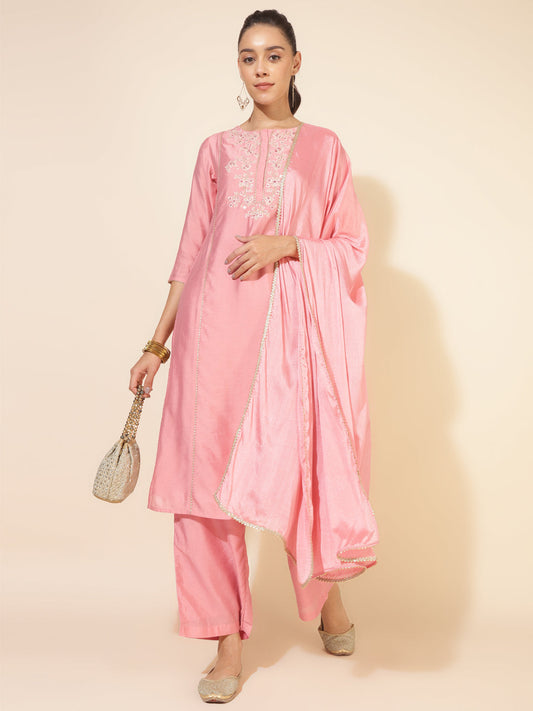 Janasya Pink Chanderi Embellished Set | Swadesiicart