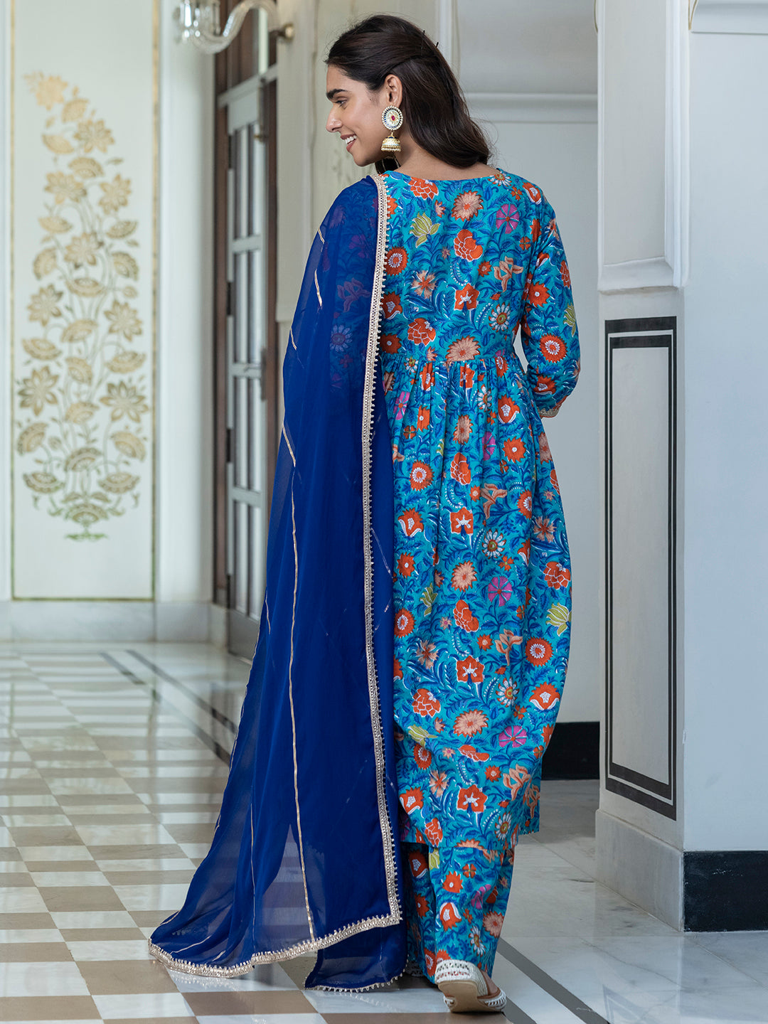 Janasya Women's Sky blue Cotton Embellished Ethnic Printed Festive Flared Kurta Set | Swadesiicart