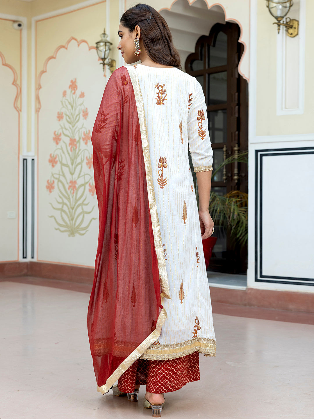 Janasya Women's White Cotton Embellished Floral Printed Festive Front Slit Kurta Set | Swadesiicart