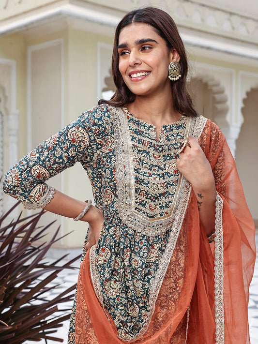 Janasya Women's Teal Blue Cotton Embellished Festive Flared Short Kurta Set | Swadesiicart