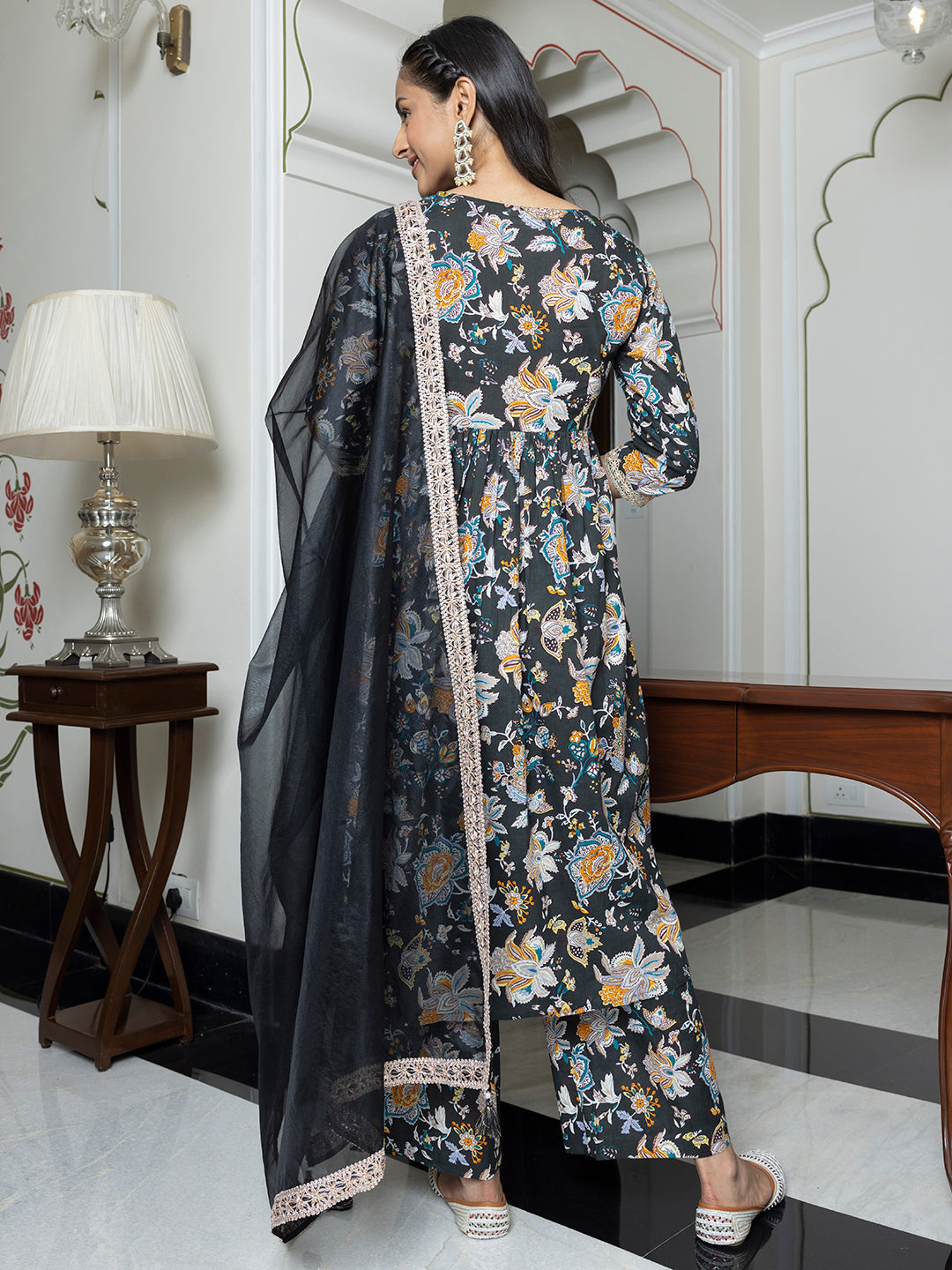 Janasya Women's Black Cotton Embellished Festive Empire Kurta Set | Swadesiicart