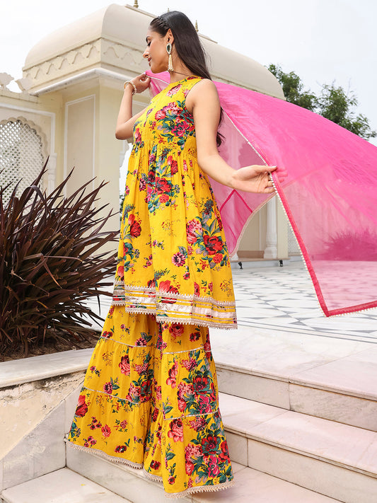 Janasya Women's Yellow Cotton Embellished Festive Flared Short Kurta Set | Swadesiicart