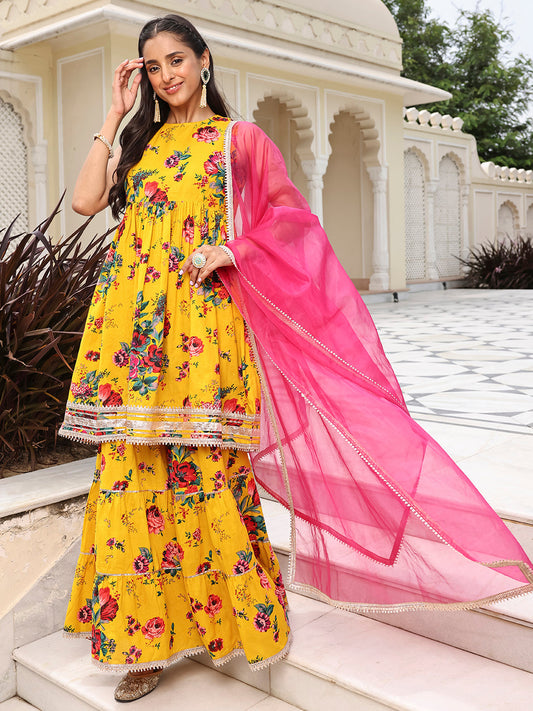 Janasya Women's Yellow Cotton Embellished Festive Flared Short Kurta Set | Swadesiicart