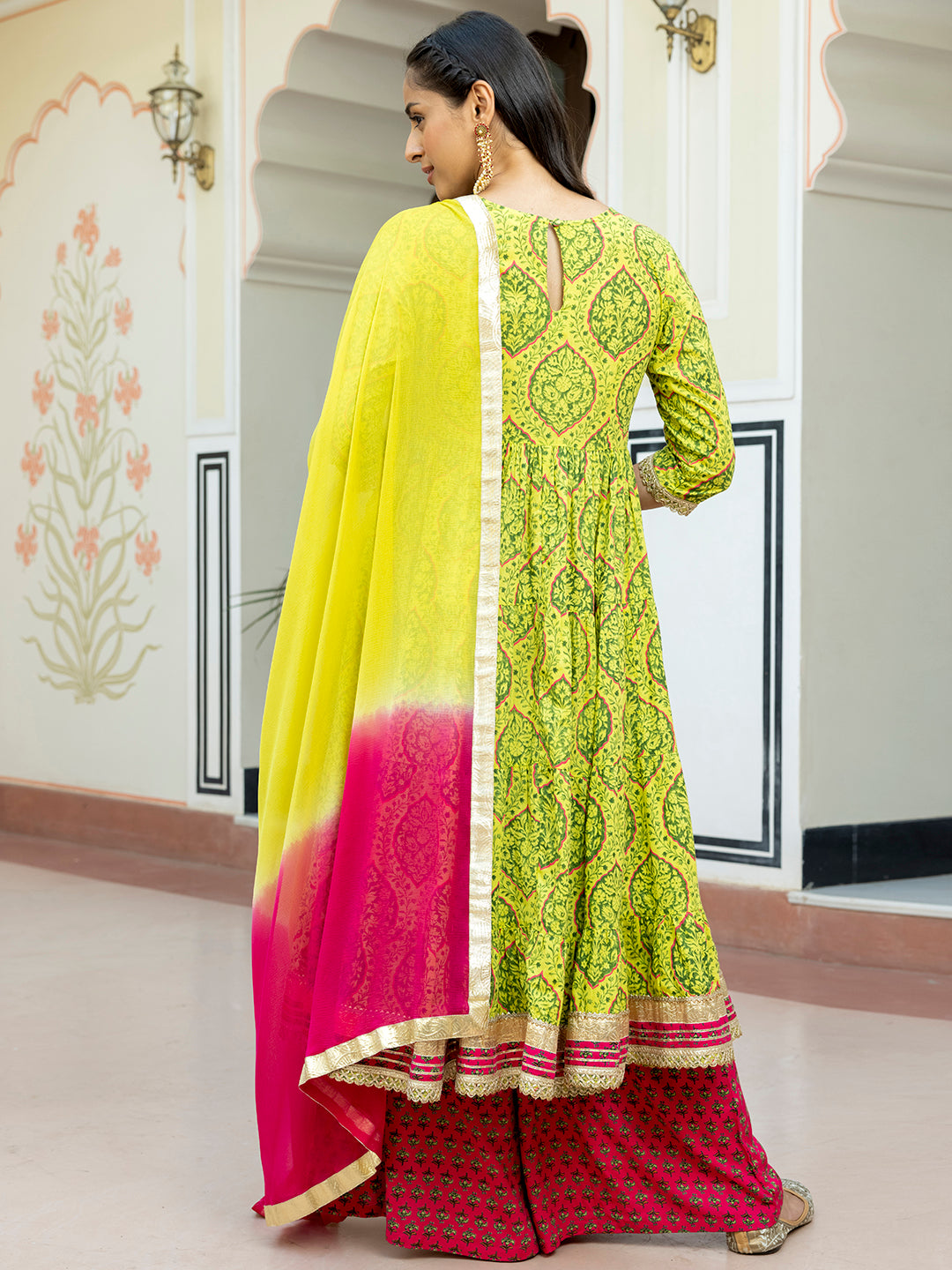 Janasya Women's Lime Green Cotton Embellished Floral Printed Festive Anarkali Kurta Set | Swadesiicart
