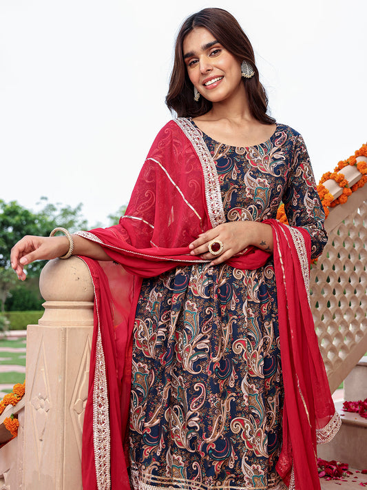 Janasya Women's Navy Blue Cotton Ethnic Printed Festive Flared Kurta Set | Swadesiicart