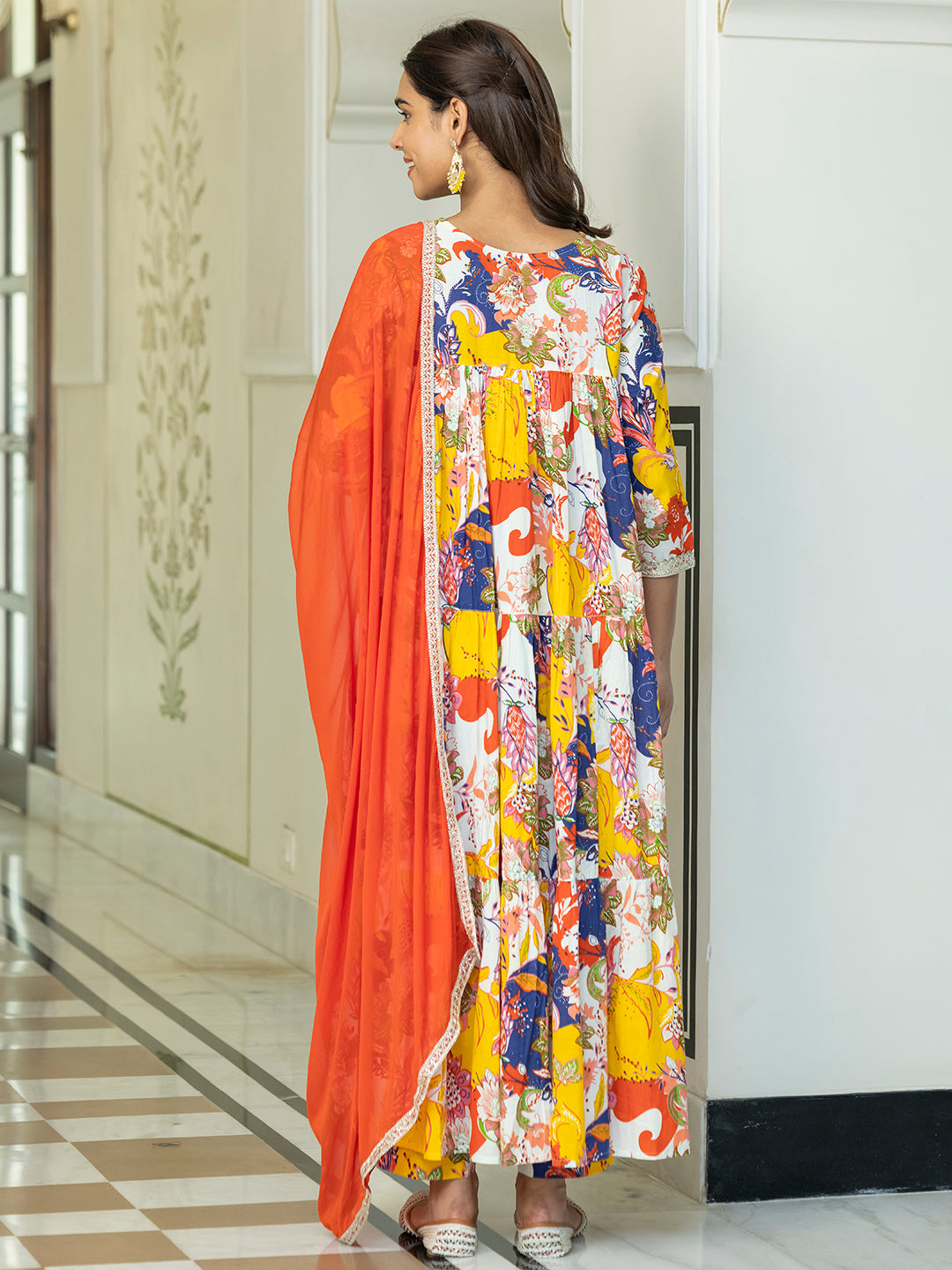 Janasya Women's Multicolor Cotton Embellished Floral Printed Festive Anarkali Kurta Set | Swadesiicart