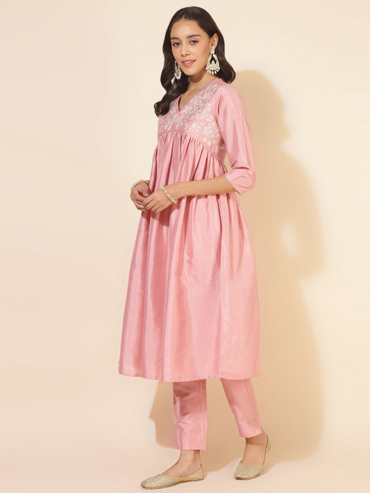 Janasya Pink Crepe Silk Yoke Embroidery Set | Swadesiicart