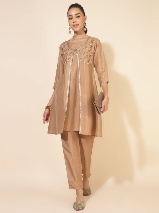 Janasya Beige Crepe Silk Embellished Set | Swadesiicart