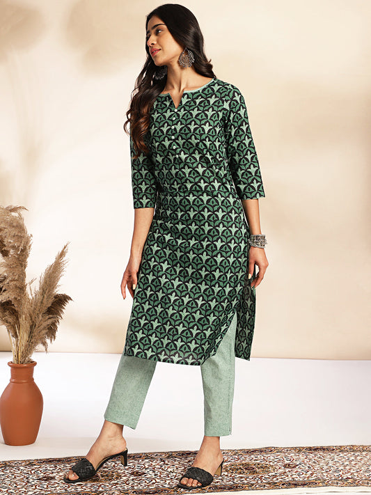 Janasya Green Cotton Printed Sets | Swadesiicart