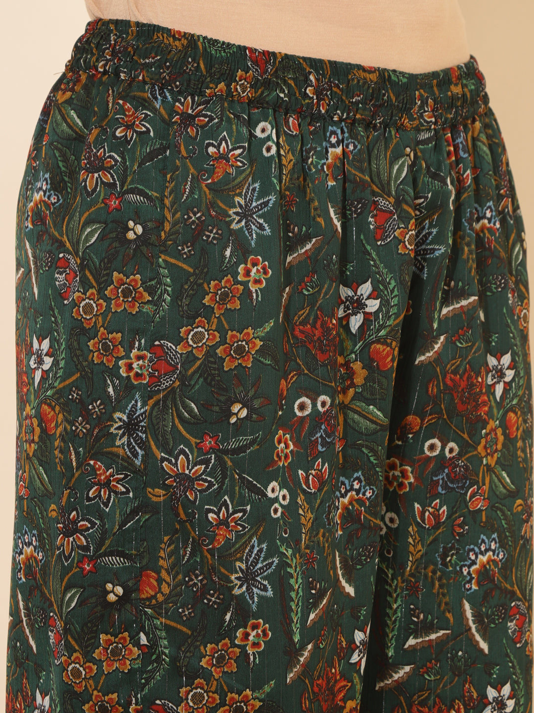Janasya Green Chiffon Lurex Floral Printed Co-ords - Swadesiicart
