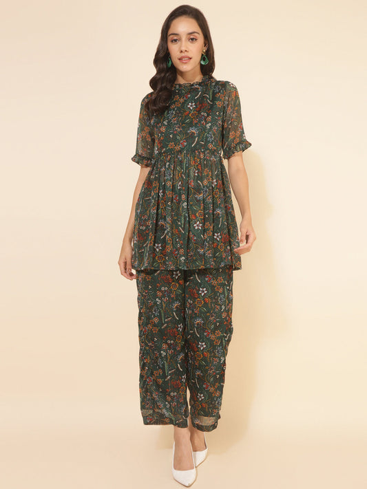Janasya Green Chiffon Lurex Floral Printed Co-ords - Swadesiicart