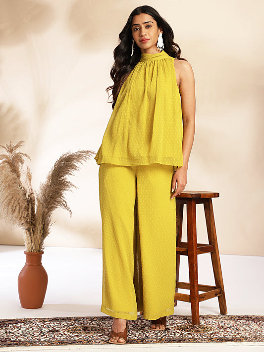 Janasya Yellow Dobby Chiffon Solid Sets | Swadesiicart