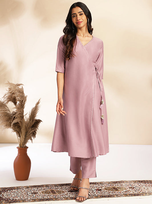 Janasya Lavender Chinnon Solid Wrap Kurta Set | Swadesiicart