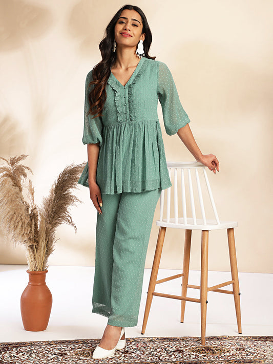 Janasya Sage Dobby Chiffon Woven Design Peplum Top & Bottom Set | Swadesiicart