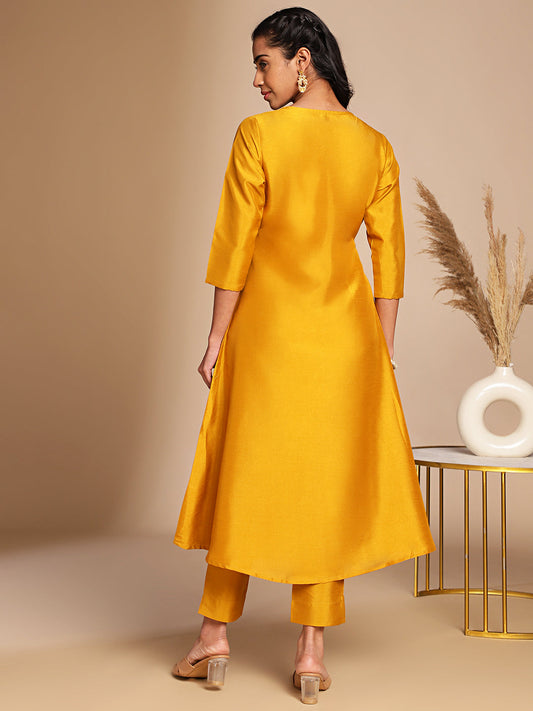 Janasya Mustard Crepe Silk Solid Wrap Kurta Set | Swadesiicart