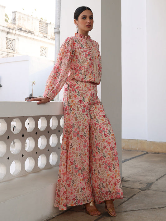 Janasya Beige Georgette Floral Regular Top & Bottom Set | Swadesiicart