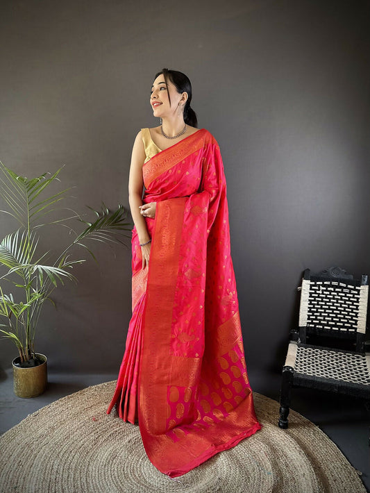 Joban Fashion Banarasi Hot Pink Woven Soft Silk Saree | Swadesiicart