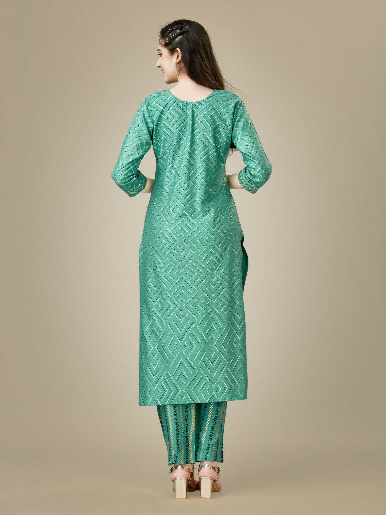 Jyoti Fashion Women's Pista Green Rayon Embroidered Kurta Pant Set | Swadesiicart