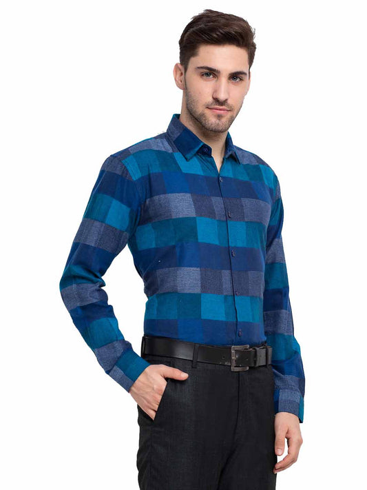 Jainish Blue Men's Checked Cotton Formal Shirt ( SF 787Blue ) | Swadesiicart