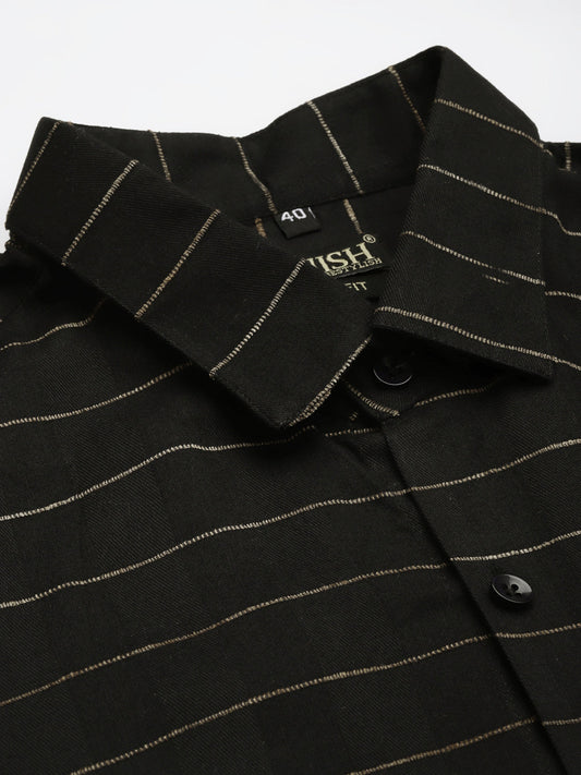 Jainish Men's Formal Cotton Horizontal Striped Shirt ( SF 790Black ) | Swadesiicart