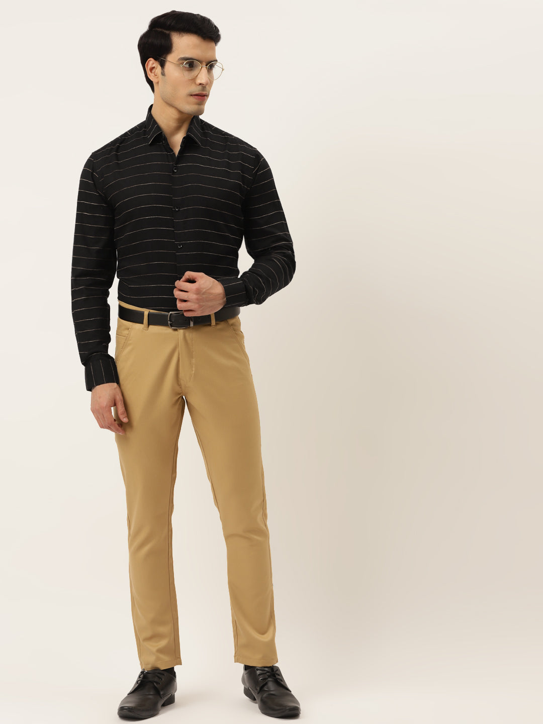 Jainish Men's Formal Cotton Horizontal Striped Shirt ( SF 790Black ) | Swadesiicart