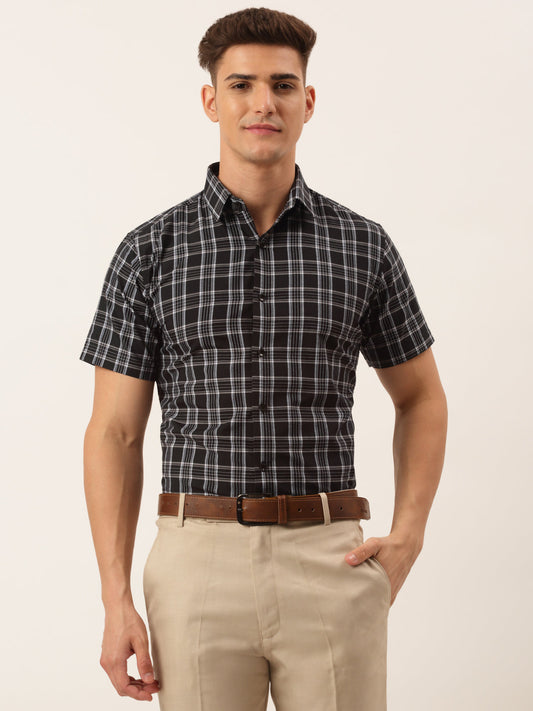 Jainish Men's Cotton Checked Half Sleeve Formal Shirts ( SF 808Black ) | Swadesiicart
