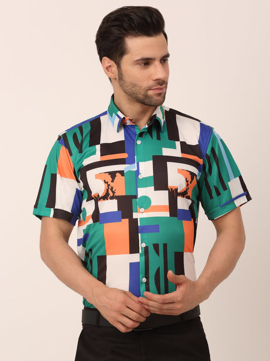 Jainish Men's Lycra Printed Half Sleeve Formal Shirts ( SF 814Green ) | Swadesiicart