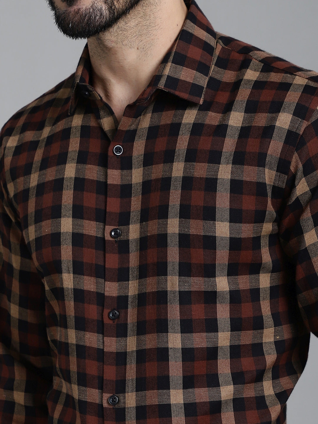 Indian Needle Men's Checked Formal Shirt - Brown | Swadesiicart