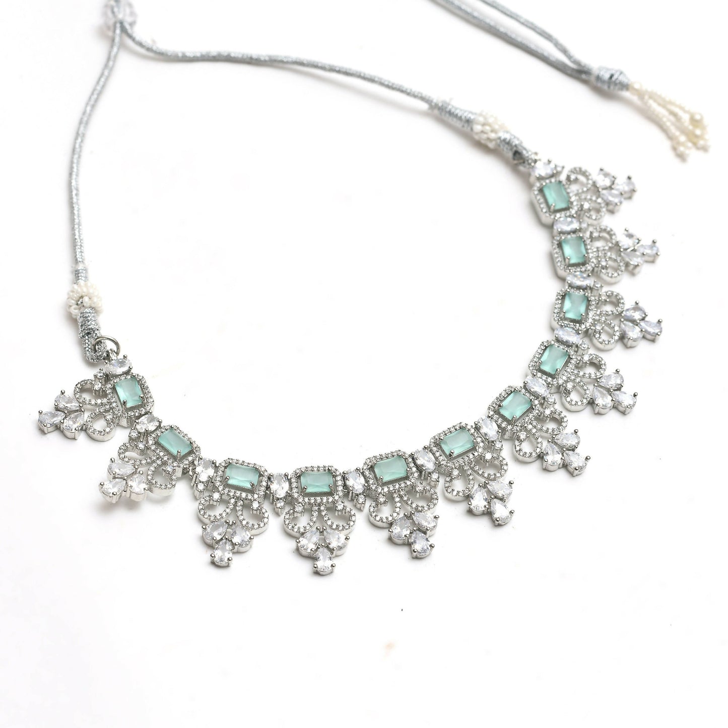 Mominos Fashion Johar Kamal Silver-Plated American Diamond Pista Green Choker Set | Swadesiicart