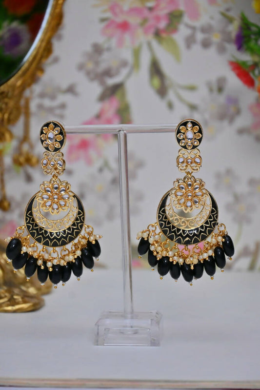 Gold-Polished Kundan & Pearl Dangle Women Black Meenakari Chandbali Earrings By House of Ree - House of Ree