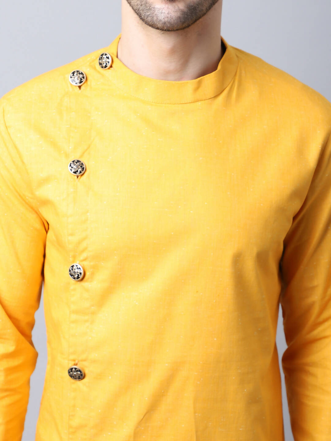 Even Apparels Yellow Pure Cotton Sherwani Kurta With Asymetrical Cut | Swadesiicart