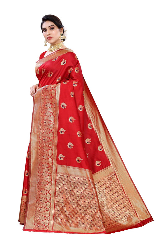 Vamika Red Weaving Banarasi Jacquard Saree | Swadesiicart