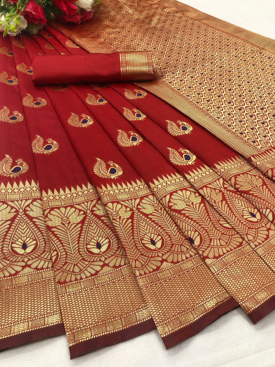 Vamika Red Weaving Banarasi Jacquard Saree | Swadesiicart