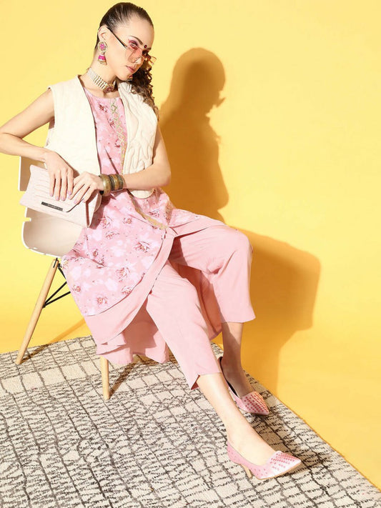 Ahalyaa Women Rose Colour Organza Digital Printed Kurta Pant Set | Swadesiicart