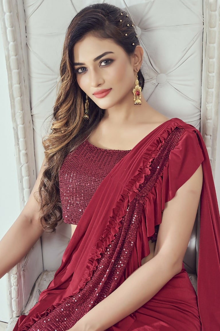 Mahotsav Women's Red Lycra Embellished Ready To Wear Saree With Stitched Blouse | Swadesiicart