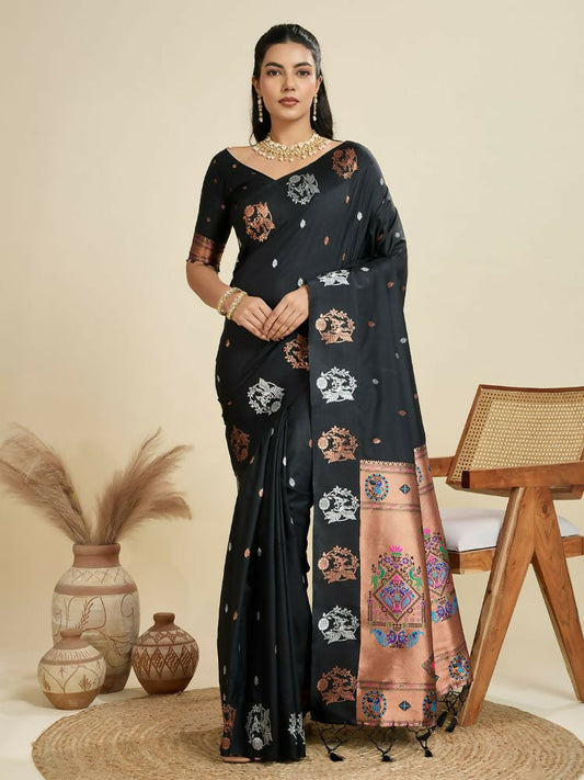 Vishnu Weaves Women's Black Banarasi Silk Zari Woven Saree with Blouse - Swadesiicart