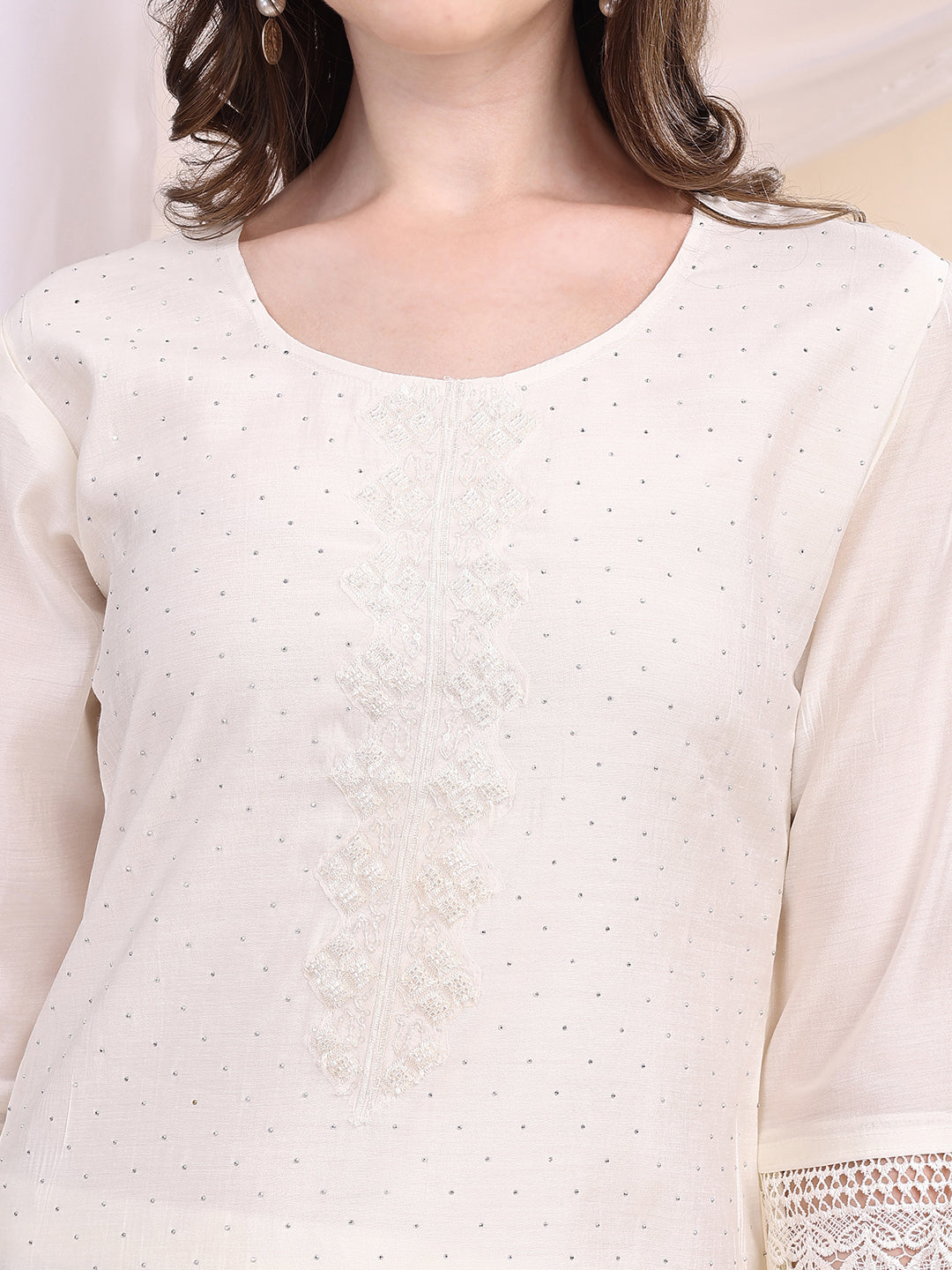 Beads & Swarovski Embroidered Kurta With Pant & Dupatta, White - Hiral Fashion