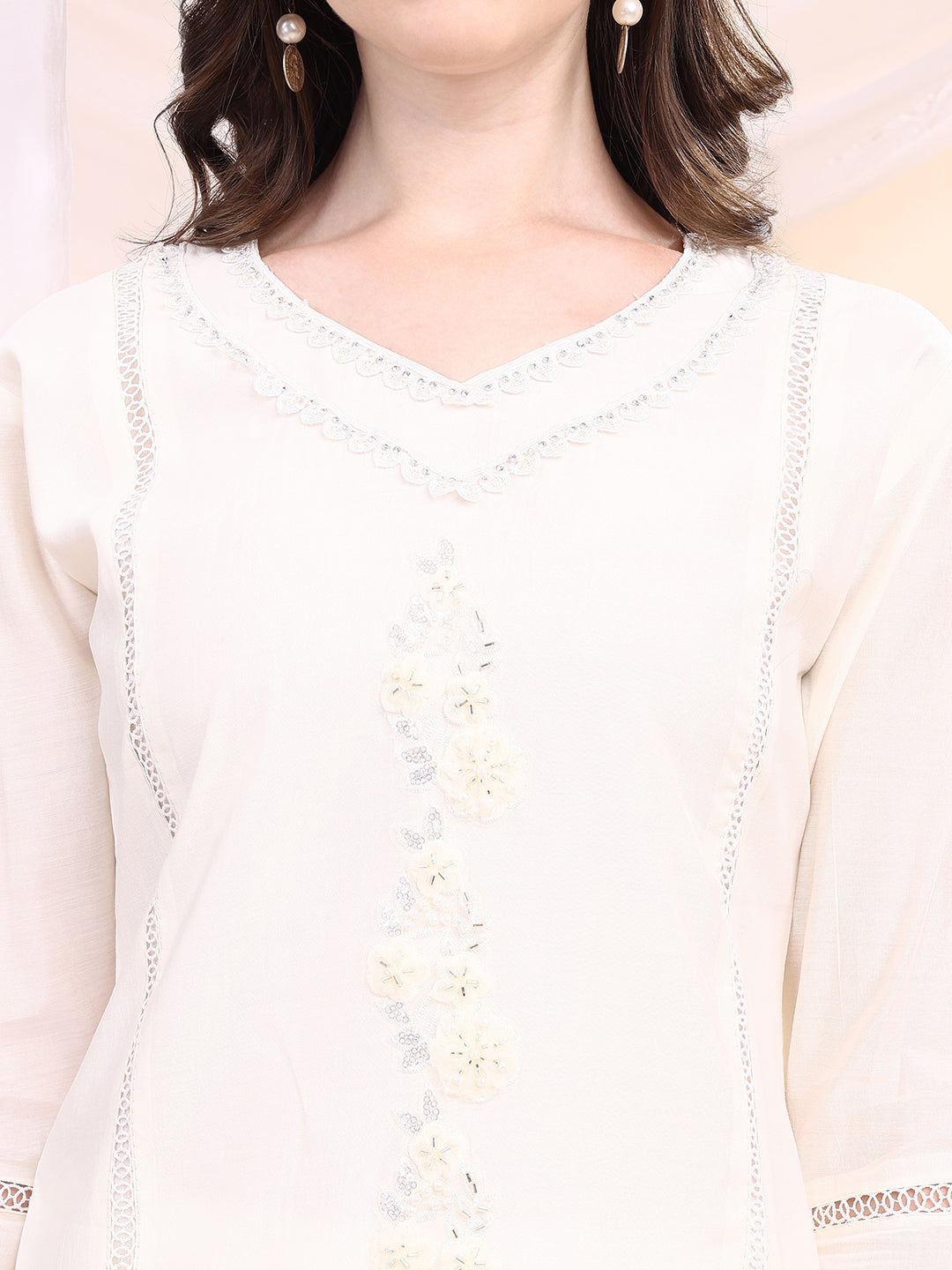 Applique Beads & Lace Embroidered Kurta With Pant & Dupatta, White - Hiral Fashion