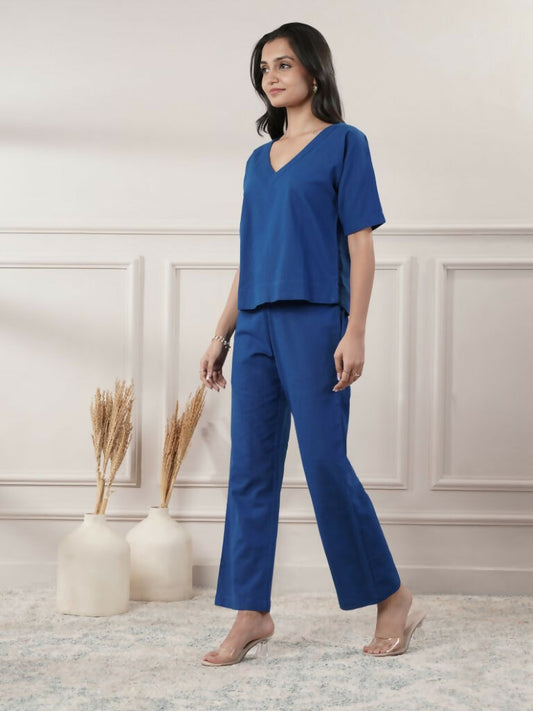 Joban Fashion Women's Royal Blue Co-Ord Set V Neck - Swadesiicart