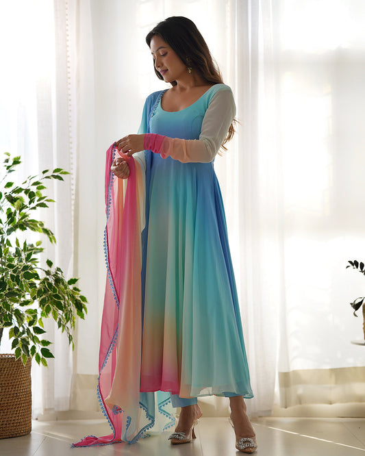 Lorenvalley Fashion Women Pure Soft Georgette Padding Fabric Fully Flair Anarkali Pant With Dupatta Set - Blue | Swadesiicart
