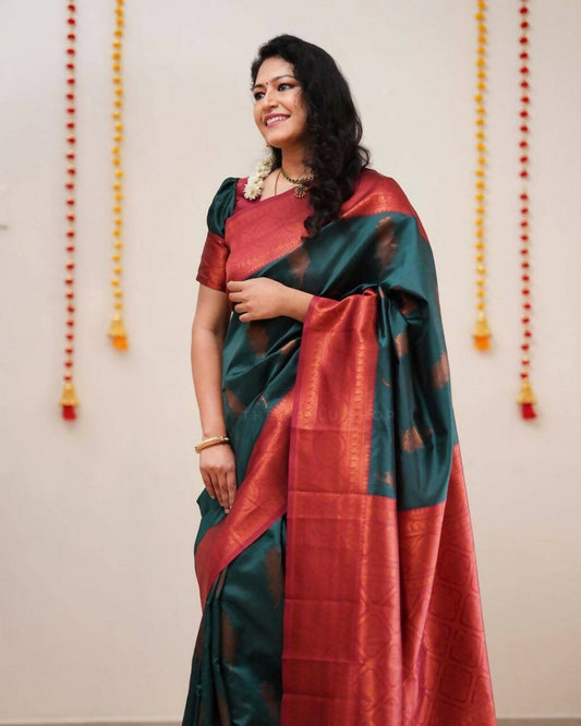 DEIANA'S Beautiful Designer Golden zari Soft Lichi Silk Saree - Teal - Swadesiicart