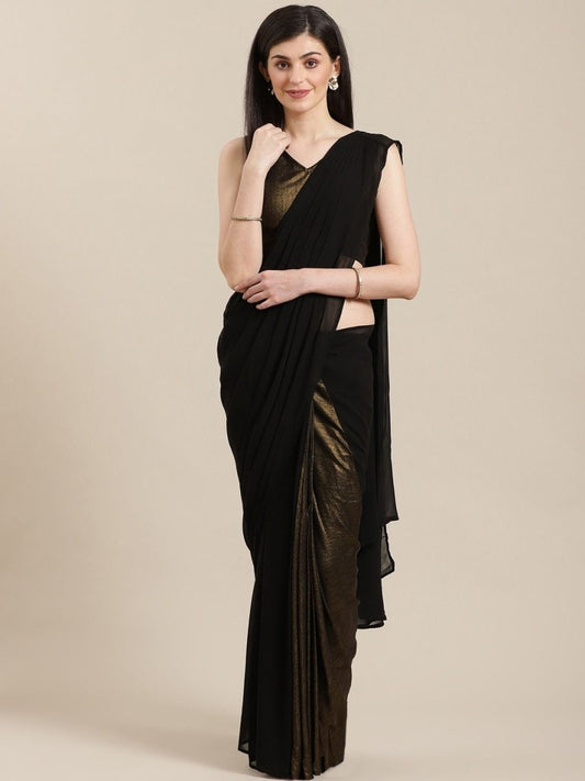 Ahalyaa Women's Black Georgette Gold Coated Ready to Wear Saree | Swadesiicart
