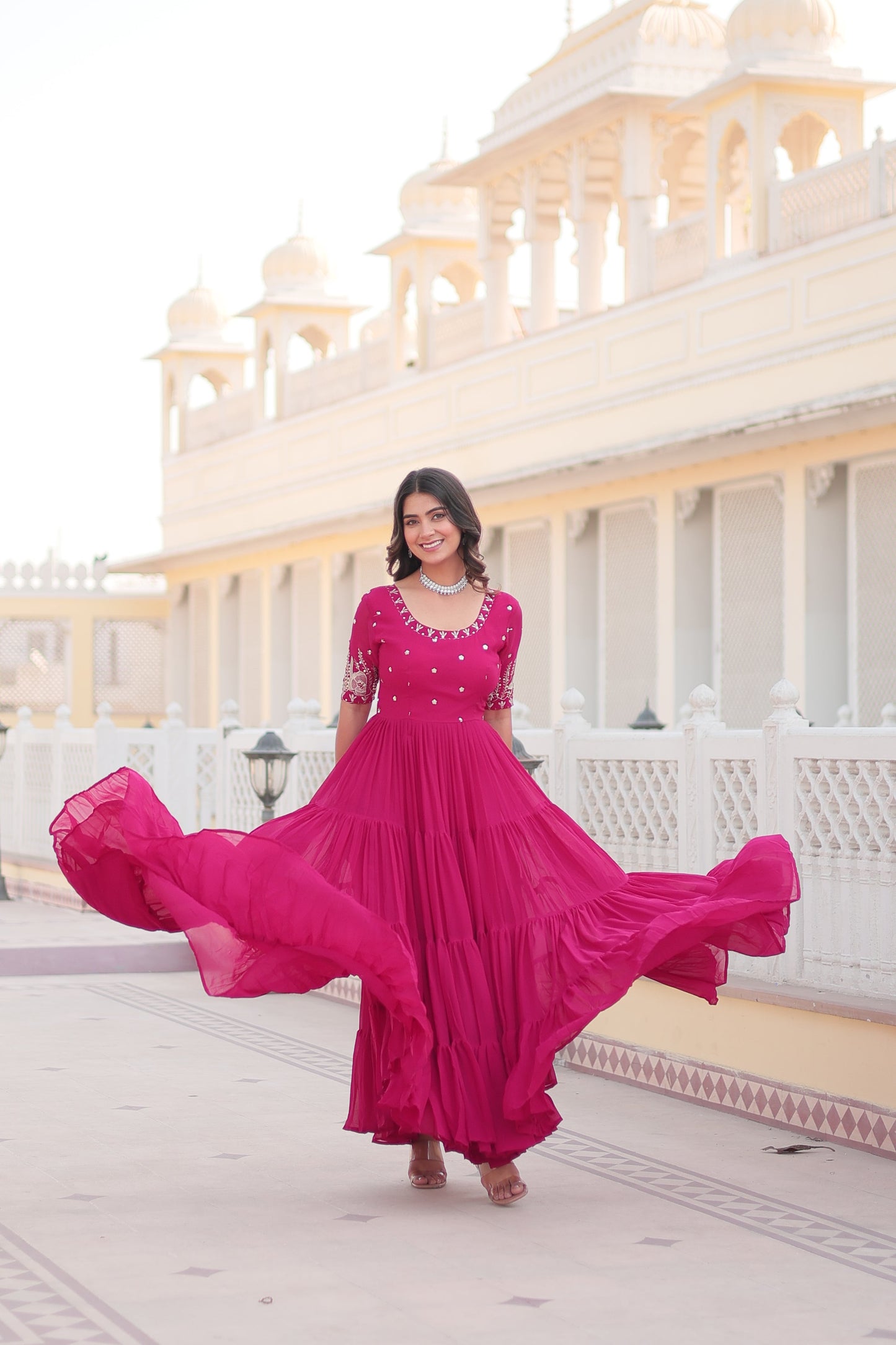 Sonakshi Women's Rani Pink Faux Blooming Sequins with Zari Embroidered Long Anarkali Dress - Swadesiicart