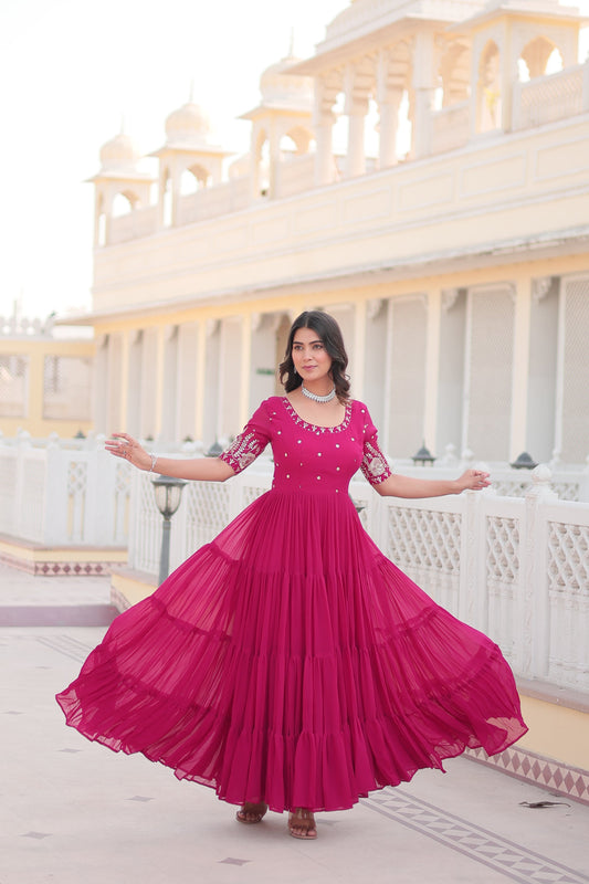 Sonakshi Women's Rani Pink Faux Blooming Sequins with Zari Embroidered Long Anarkali Dress - Swadesiicart