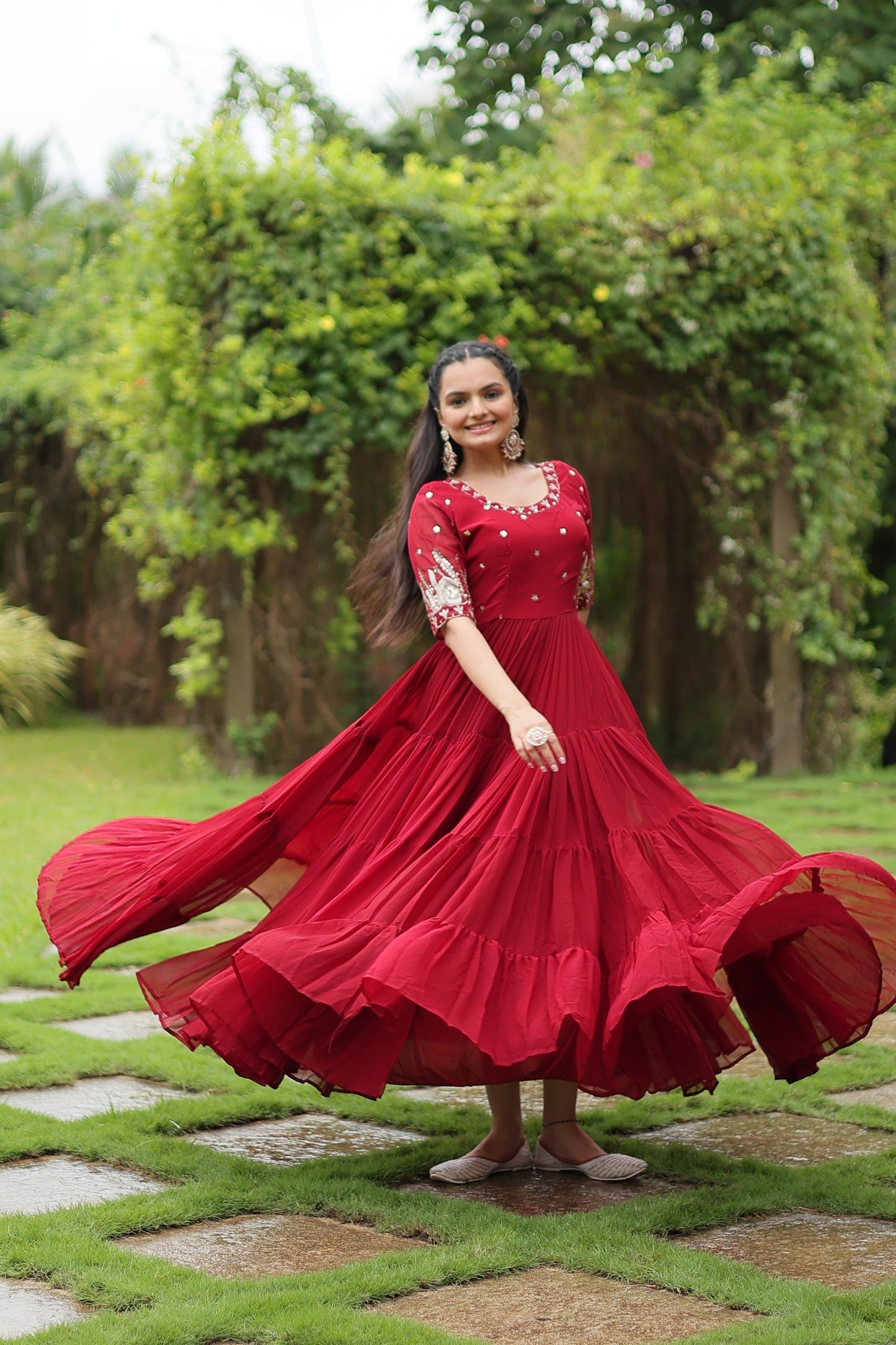 Sonakshi Women's Maroon Faux Blooming Sequins with Zari Embroidered Long Anarkali Dress - Swadesiicart