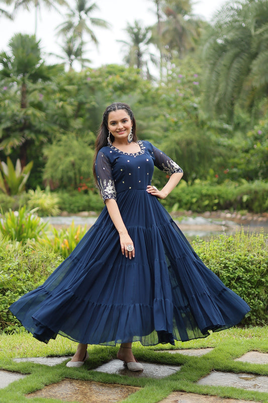 Sonakshi Women's Morpich Faux Blooming Sequins with Zari Embroidered Long Anarkali Dress - Swadesiicart