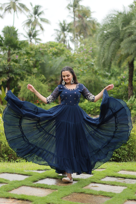 Sonakshi Women's Morpich Faux Blooming Sequins with Zari Embroidered Long Anarkali Dress - Swadesiicart