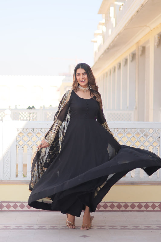 Sonakshi Women's Black Faux Blooming Sequins Embroidered Anarkali Dress with Dupatta - Swadesiicart